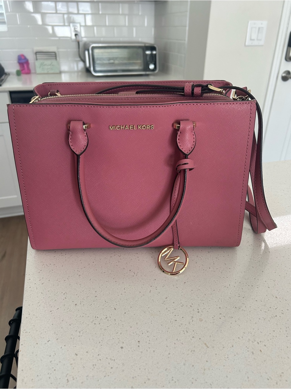 Michael Kors Rose Pink Saffiano Satchel with Gold Charm